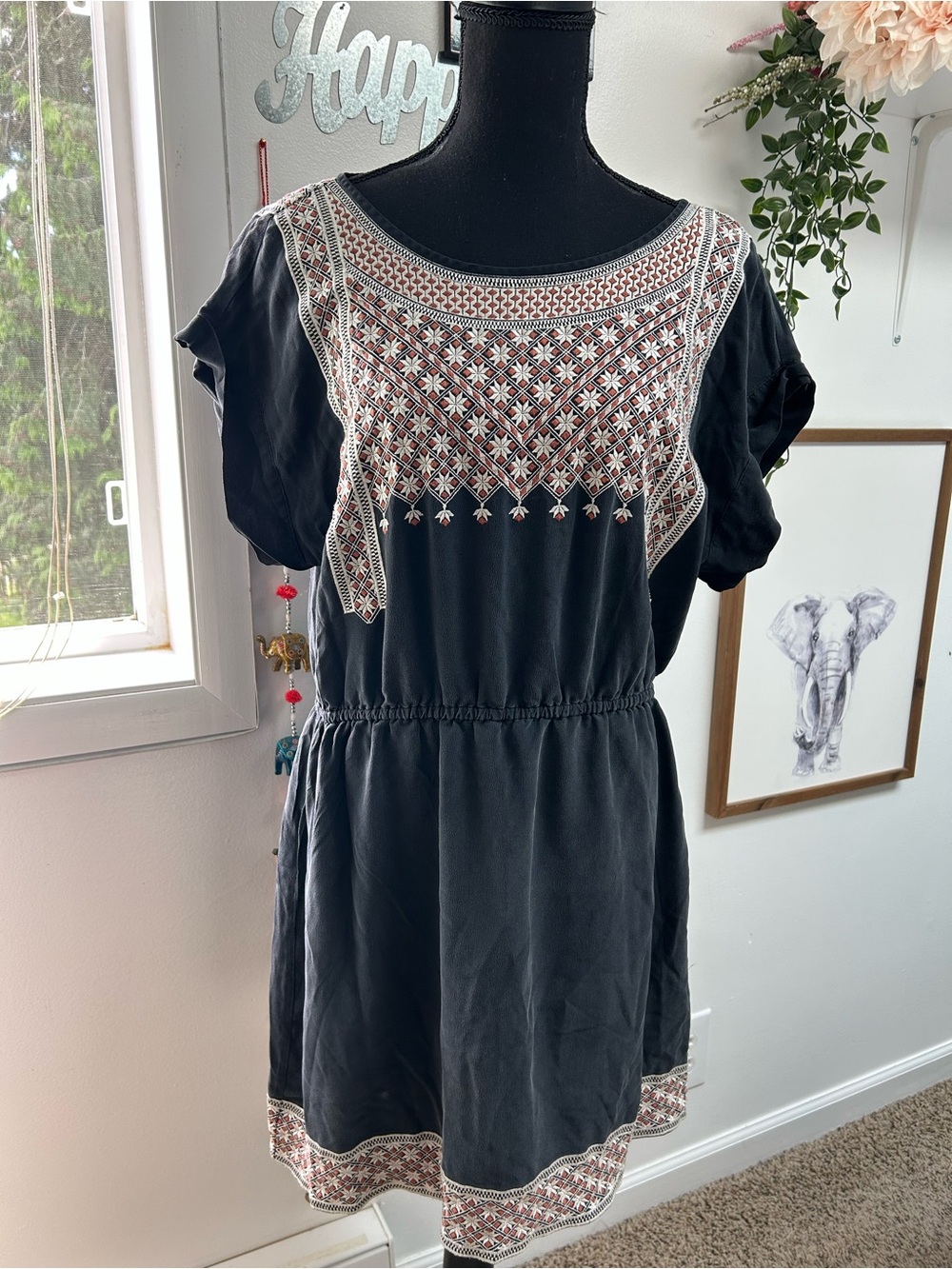 Madewell Black Embroidered Short-Sleeve Mini Dress- size 12